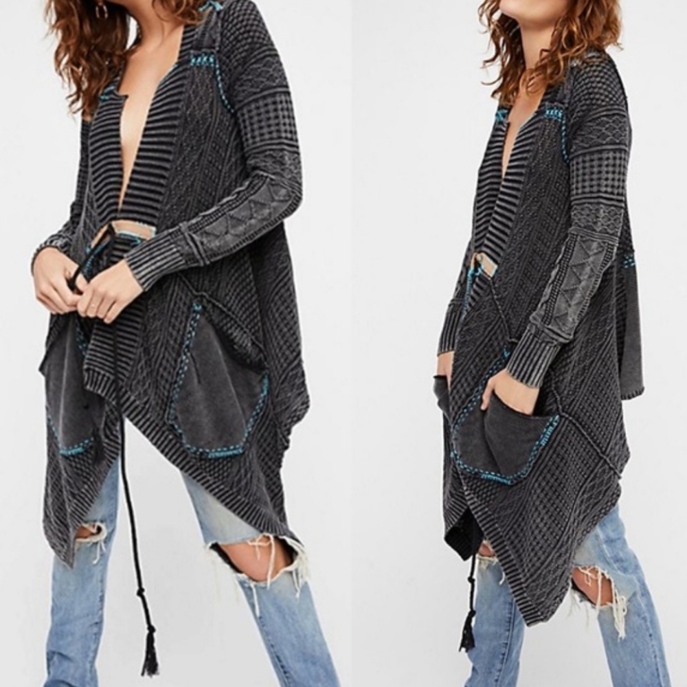 Free People All Washed Out Cardi Asymmetrical Hem Tassel Tie Front Black Small - Picture 1 of 16